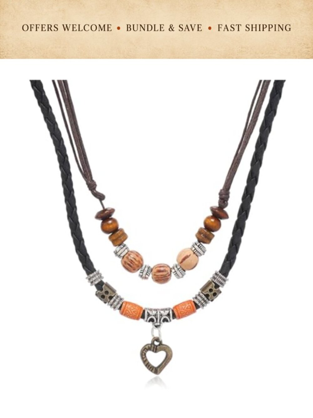 Boho Layered Leather Choker Necklace Heart Pendant Wooden Beads